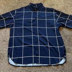 SHEIN Navy and White Grid Men's Short Sleeve Shirt